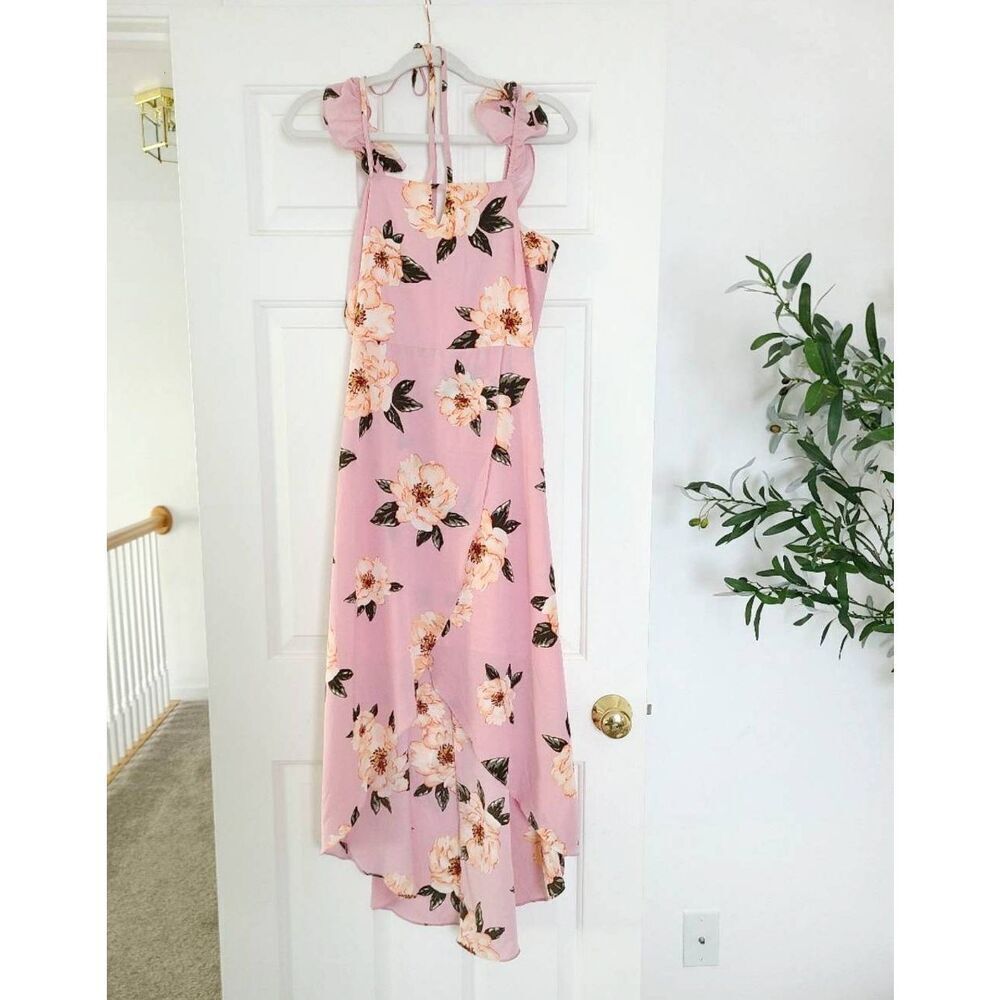 J.O.A Hi-Low Overlapping Maxi Dress Women's Small Pink Floral Printed Sleeveless
